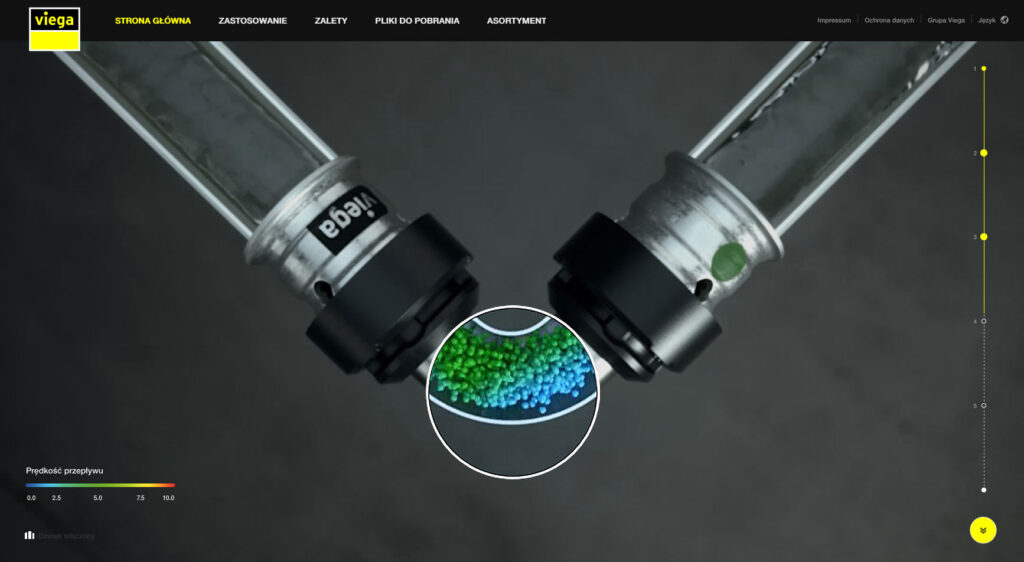 Przejrzyste animacje dokładnie pokazują zalety złączek Viega Smartpress, na przykład kwestię zoptymalizowanego przepływu, przekładająca się na mniejsze straty ciśnienia.