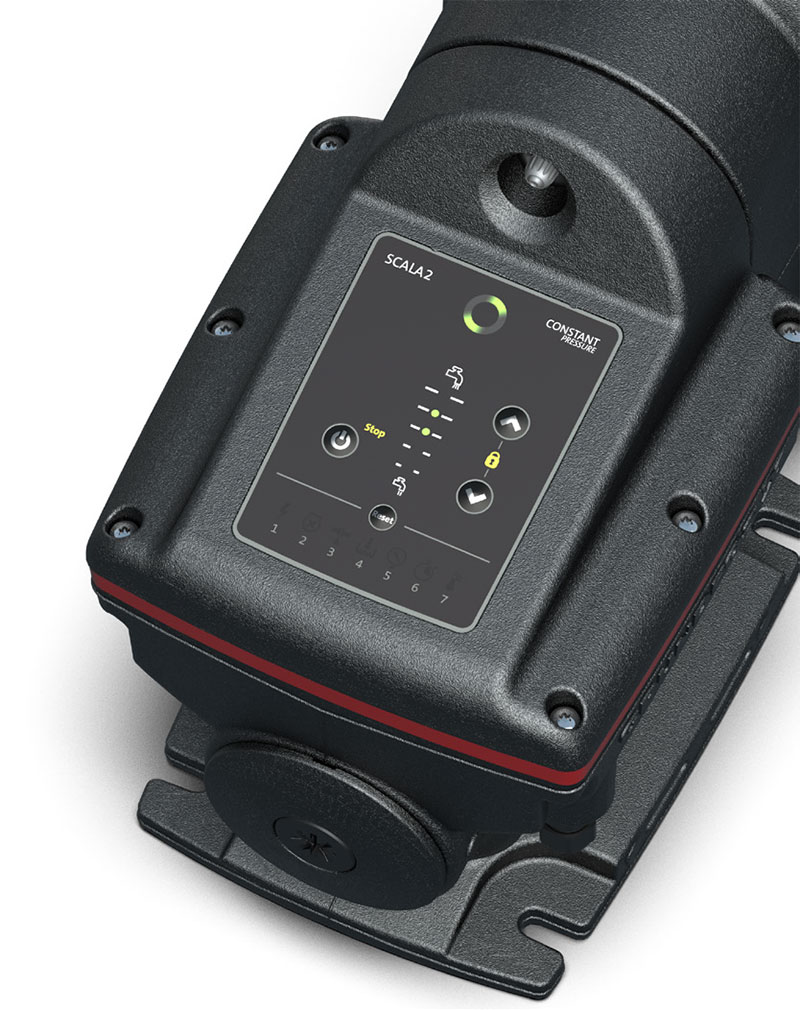 Panel sterujący pompy SCALA2 z ikonami LED sygnalizującymi stany niepożądane w instalacji i w pompie