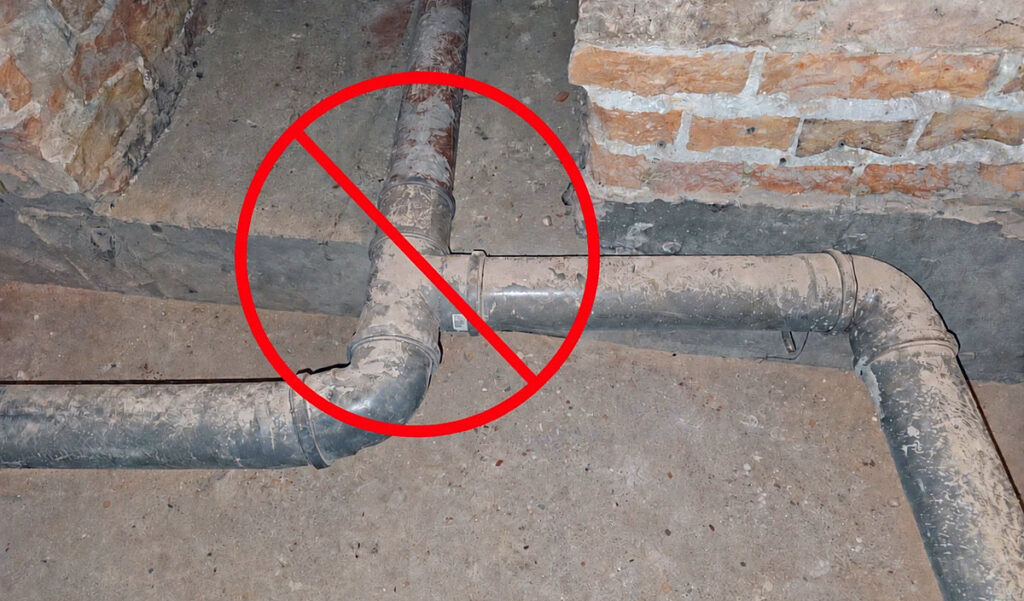 Trójnik 90° i kolano 90° na poziomie: tak nie powinno się łączyć rur.
